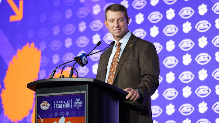 Jul 24, 2025; Charlotte, NC, USA;  Clemson Head Coach Dabo Swinney answers questions from the media during ACC Media Days at Hilton Charlotte Uptown. Mandatory Credit: Jim Dedmon-Imagn Images