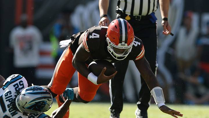 Sep 27, 2026; Cleveland, Ohio, USA; Carolina Panthers linebacker Trevis Gipson (52) tackles Cleveland Browns quarterback Deshaun Watson (4) during the fourth quarter at Huntington Bank Field. Mandatory Credit: Scott Galvin-Imagn Images Sep 27, 2026; Cleveland, Ohio, USA; Carolina Panthers linebacker Trevis Gipson (52) tackles Cleveland Browns quarterback Deshaun Watson (4) during the fourth quarter at Huntington Bank Field. Mandatory Credit: Scott Galvin-Imagn Images