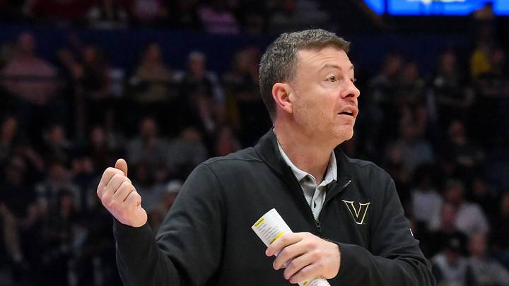 Mar 15, 2026; Nashville, TN, USA; Vanderbilt Commodores head coach Mark Byington yells instructions to his team against the Arkansas Razorbacks during the first half during the men's SEC Conference Tournament Championship at Bridgestone Arena. Mandatory Credit: Steve Roberts-Imagn Images