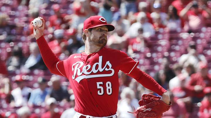 Apr 19, 2023; Cincinnati, Ohio, USA; Cincinnati Reds starting pitcher Levi Stoudt (58) throws against the Tampa Bay Rays during the first inning at Great American Ball Park. Mandatory Credit: David Kohl-Imagn Images