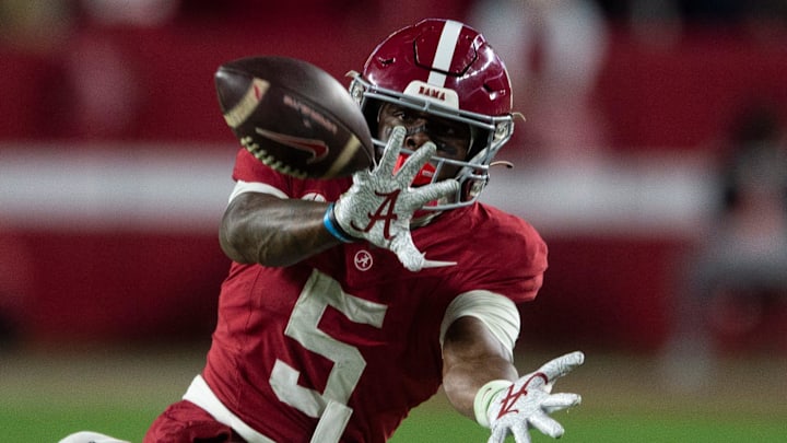 Alabama Crimson Tide wide receiver Germie Bernard (5) catches a pass as Auburn Tigers take on Alabama Crimson Tide at Bryant-Denny Stadium in Tuscaloosa, Ala., on Saturday, Nov. 30, 2024. Alabama Crimson Tide defeated Auburn Tigers 28-14.