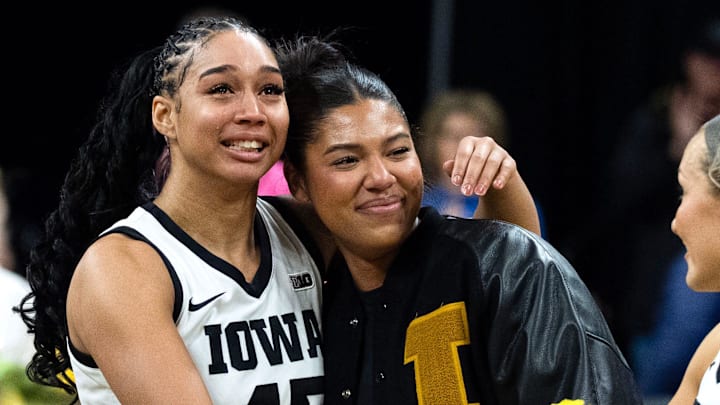 Iowa forward Hannah Stuelke (45) hugs Iowa forward Jada Gyamfi (23) during senior recognition Feb. 22, 2026 at Carver-Hawkeye Arena in Iowa City, Iowa.
