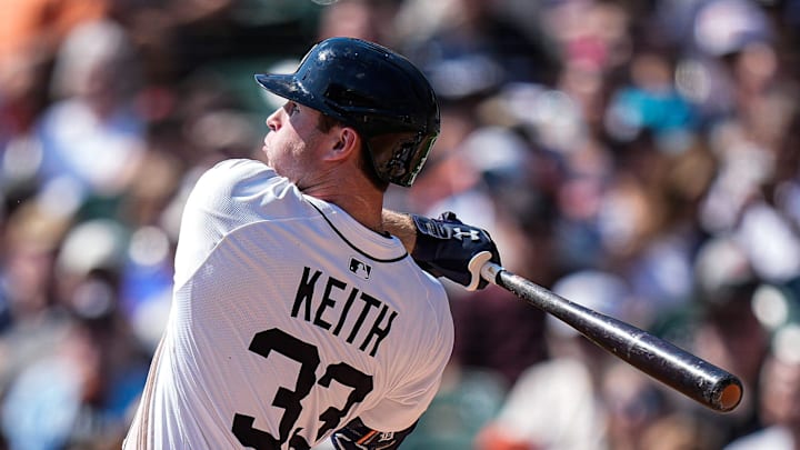 Detroit Tigers third base Colt Keith (33) bats against Cleveland Guardians during the second inning at Comerica Park in Detroit on Thursday, Sept. 18, 2025. Detroit Tigers third base Colt Keith (33) bats against Cleveland Guardians during the second inning at Comerica Park in Detroit on Thursday, Sept. 18, 2025.