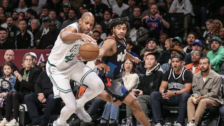 Nov 4, 2023; Brooklyn, New York, USA;  Boston Celtics center Al Horford (42) steals the ball from
