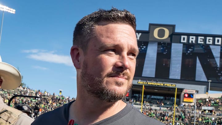 Oregon Ducks head coach Dan Lanning walks off the field as the Oregon Ducks host the Oregon State Beavers Sept. 20, 2025, at Autzen Stadium in Eugene, Oregon.