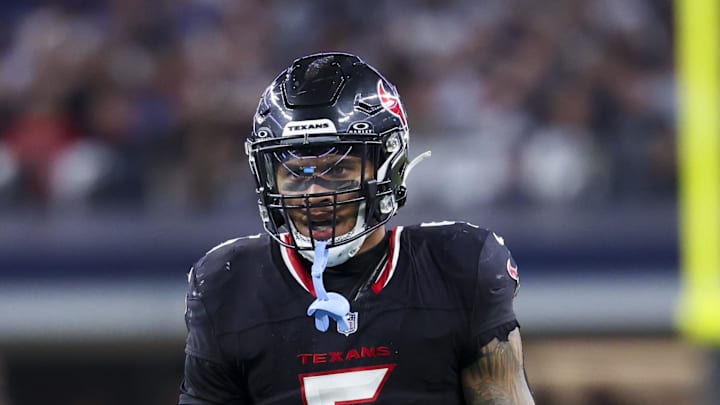 Nov 18, 2024; Arlington, Texas, USA; Houston Texans safety Jalen Pitre (5) reacts during the second half against the Dallas Cowboys at AT&T Stadium. Mandatory Credit: Kevin Jairaj-Imagn Images Nov 18, 2024; Arlington, Texas, USA; Houston Texans safety Jalen Pitre (5) reacts during the second half against the Dallas Cowboys at AT&T Stadium. Mandatory Credit: Kevin Jairaj-Imagn Images