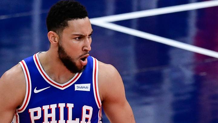 May 31, 2021; Washington, District of Columbia, USA; Philadelphia 76ers guard Ben Simmons (25) reacts after the basket during the first quarter against the Washington Wizards during game four in the first round of the 2021 NBA Playoffs. at Capital One Arena. Mandatory Credit: Tommy Gilligan-USA TODAY Sports