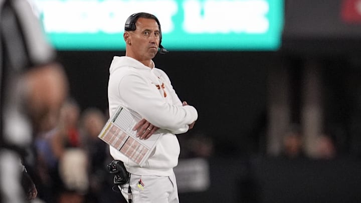 Texas Longhorns head coach Steve Sarkisian looks on in the first half against the Georgia Bulldogs  at Sanford Stadium. 