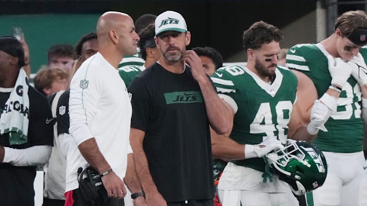 East Rutherford, NJ -- August 24, 2024 -- Jets head coach Robert Saleh and Aaron Rodgers on the sidelines in the first half. The New York Giants and New York Jets meet at MetLife Stadium in the final preseason game of the 2024 season for both teams.