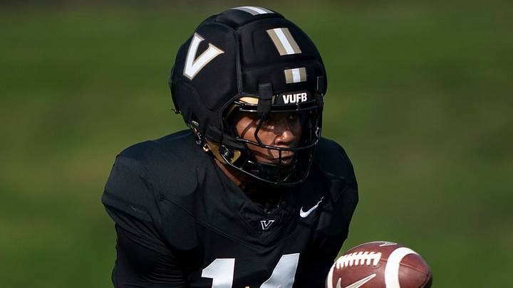 Vanderbilt wide receiver Ja’Cory Thomas (14) goes through receiving drills during practice at Vanderbilt University's McGugin Center practice fields Thursday, April 2, 2026.