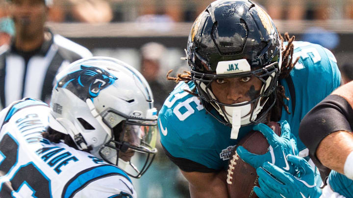 Jacksonville Jaguars running back LeQuint Allen Jr. (36) finds a hole during the second quarter of an NFL football game between the Carolina Panthers at Jacksonville Jaguars at EverBank Stadium Sunday September 7, 2025. Jacksonville Jaguars running back LeQuint Allen Jr. (36) finds a hole during the second quarter of an NFL football game between the Carolina Panthers at Jacksonville Jaguars at EverBank Stadium Sunday September 7, 2025.
