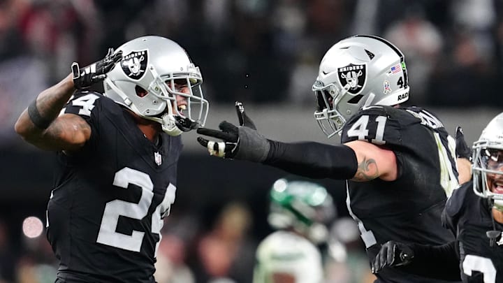 Nov 12, 2023; Paradise, Nevada, USA; Las Vegas Raiders linebacker Robert Spillane (41) celebrates