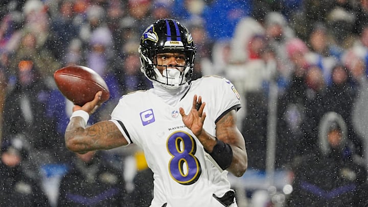 Baltimore Ravens quarterback Lamar Jackson gets off a pass during first half action during the Buffalo Bills divisional game against the Baltimore Ravens at Highmark Stadium in Orchard Park on Jan. 19, 2025.