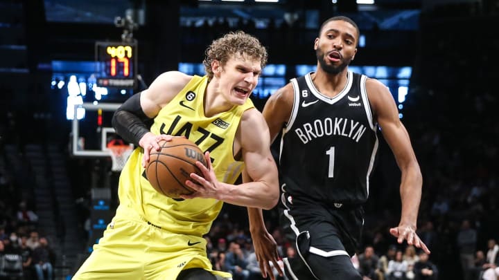 Apr 2, 2023; Brooklyn, New York, USA;  Utah Jazz forward Lauri Markkanen (23) and Brooklyn Nets