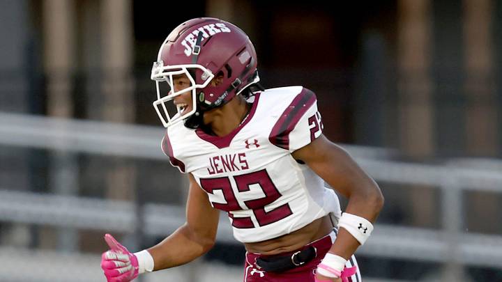 Jenks' Semaj Stanford celebrates a touchdown during the high school football game between Norman North and Jenks at Harve Collins Field in Norman, Okla., Thursday, Oct. 5, 2023.