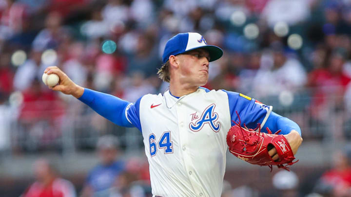 Sep 6, 2025; Cumberland, Georgia, USA; Atlanta Braves pitcher Hurston Waldrep (64) pitches the ball against the Seattle Mariners during the second inning at Truist Park. Mandatory Credit: Jordan Godfree-Imagn Images