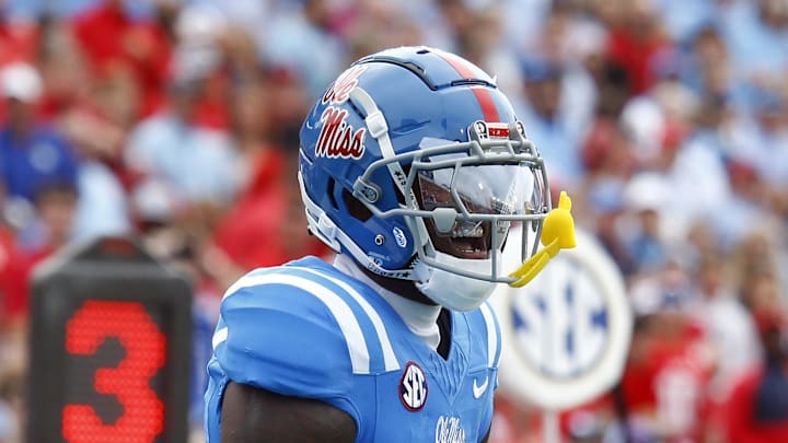 Sep 28, 2024; Oxford, Mississippi, USA; Mississippi Rebels defensive back Trey Amos (9) reacts after a pass breakup during the first half against the Kentucky Wildcats at Vaught-Hemingway Stadium. Mandatory Credit: Petre Thomas-Imagn Images Sep 28, 2024; Oxford, Mississippi, USA; Mississippi Rebels defensive back Trey Amos (9) reacts after a pass breakup during the first half against the Kentucky Wildcats at Vaught-Hemingway Stadium. Mandatory Credit: Petre Thomas-Imagn Images