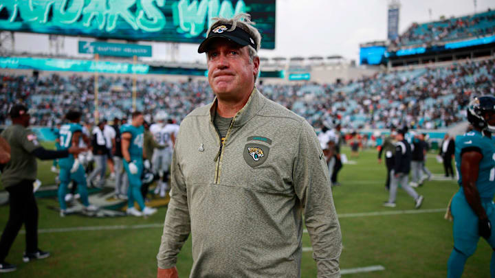 Jacksonville Jaguars head coach Doug Pederson walks to the locker room after the game of a regular season NFL football matchup Sunday, Nov. 6, 2022 at TIAA Bank Field in Jacksonville. The Jacksonville Jaguars held off the Las Vegas Raiders 27-20. [Corey Perrine/Florida Times-Union]