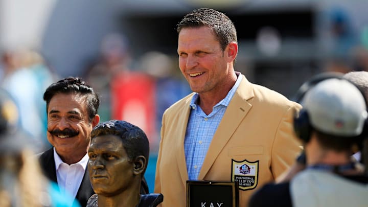 Hall of fame football tackle Tony Boselli is photographed with Jaguars owner Shad Khan during an NFL football game between the Jacksonville Jaguars and the Houston Texans Sunday, Oct. 9, 2022 at TIAA Bank Field in Jacksonville. Boselli was honored at halftime with his Jacksonville Jaguars number 71 retired. Boselli was enshrined in Canton, Ohio this past August after his seven season career all with the Jaguars. The Texans won 13-6. [Corey Perrine/Florida Times-Union]

Jki 100822 Texans Jags Cp