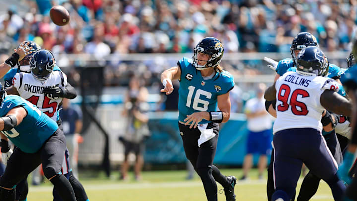 Jacksonville Jaguars quarterback Trevor Lawrence (16) throws the ball during the second quarter of an NFL football game Sunday, Oct. 9, 2022 at TIAA Bank Field in Jacksonville. The Texans won 13-6. [Corey Perrine/Florida Times-Union]

Jki 100822 Texans Jags Cp 109