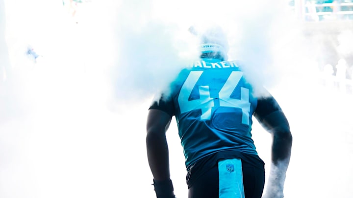 Jacksonville Jaguars linebacker Travon Walker (44) takes to the field through the tunnel before an NFL football game against the Houston Texans Sunday, Oct. 9, 2022 at TIAA Bank Field in Jacksonville. The Texans won 13-6. [Corey Perrine/Florida Times-Union]

Jki 100822 Texans Jags Cp 95