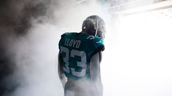 Jacksonville Jaguars linebacker Devin Lloyd (33) takes to the field through the tunnel before an NFL football game against the Houston Texans Sunday, Oct. 9, 2022 at TIAA Bank Field in Jacksonville. The Texans won 13-6.

Yip 2022 36