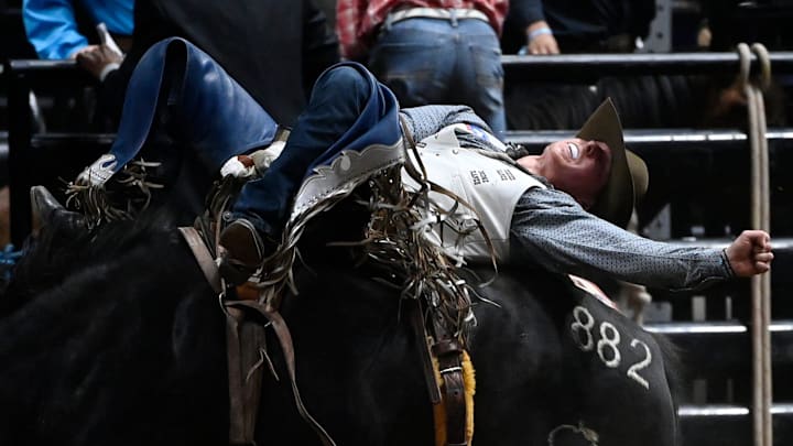 Clay Jorgenson competes in the bareback riding competition during the Music City Rodeo at Bridgestone Arena Thursday, May 29, 2025, in Nashville, Tenn.