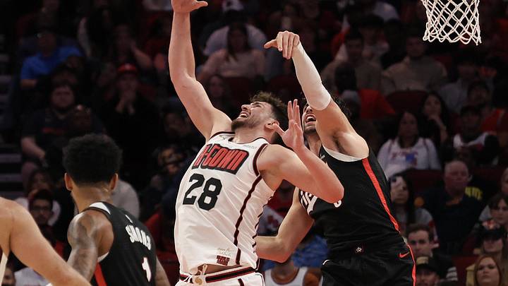 Nov 23, 2024; Houston, Texas, USA;Portland Trail Blazers forward Deni Avdija (8) blocks Houston Rockets center Alperen Sengun (28) shot in the second half at Toyota Center. Mandatory Credit: Thomas Shea-Imagn Images