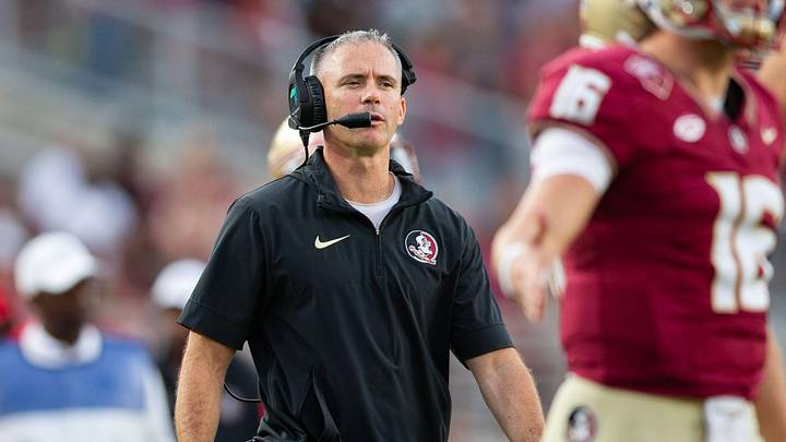 Florida State Seminoles head coach Mike Norvell watches on as his players come off the field. The Florida State Seminoles defeated the Virginia Tech Hokies 39-17 at Doak Campbell Stadium on Saturday, Oct. 7, 2023.