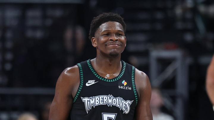 Nov 10, 2025; Salt Lake City, Utah, USA; Minnesota Timberwolves guard Anthony Edwards (5) reacts to a play against the Utah Jazz during the second half at Delta Center. Mandatory Credit: Rob Gray-Imagn Images