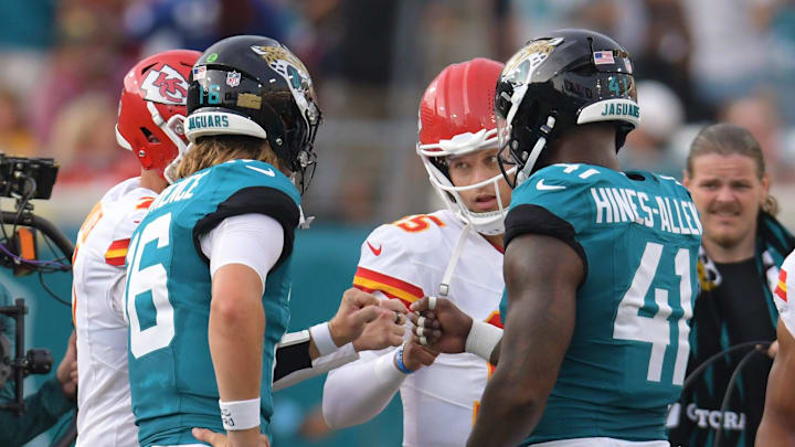 Kansas City Chiefs kicker Harrison Butker (7), Jacksonville Jaguars quarterback Trevor Lawrence (16), quarterback Patrick Mahomes (15) and defensive end Josh Hines-Allen (41) greet each other at center field for the coin toss before the start of Saturday's game. The Jaguars led 20 to 10 at the end of the first half. The Jacksonville Jaguars hosted the Kansas City Chiefs in the Jaguars first preseason game of the season Saturday, August10, 2024 at EverBank Stadium in Jacksonville, Fla. [Bob