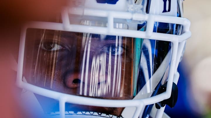 Sep 16, 2023; Durham, North Carolina, USA; Duke Blue Devils safety DaShawn Stone (20) looks on just before the start of the game against Northwestern Wildcats at Wallace Wade Stadium. Mandatory Credit: Jaylynn Nash-Imagn Images