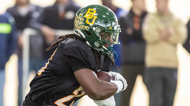 Jan 23, 2020; Mobile, Alabama, USA; North running back JaMycal Hasty of Baylor (23) runs the ball during Senior Bowl practice at University of South Alabama s Jaguar Football Practice Facility. Jan 23, 2020; Mobile, Alabama, USA; North running back JaMycal Hasty of Baylor (23) runs the ball during Senior Bowl practice at University of South Alabama s Jaguar Football Practice Facility.