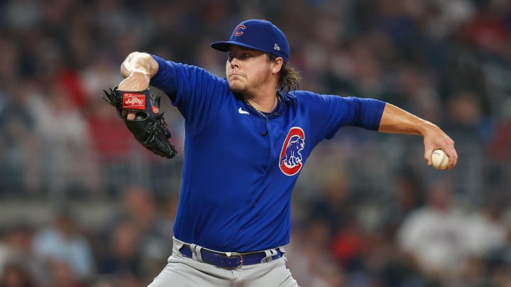 Sep 26, 2023; Atlanta, Georgia, USA; Chicago Cubs starting pitcher Justin Steele (35) throws against Sep 26, 2023; Atlanta, Georgia, USA; Chicago Cubs starting pitcher Justin Steele (35) throws against