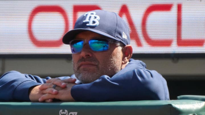 Aug 17, 2025; San Francisco, California, USA; Tampa Bay Rays manager Kevin Cash (16) looks on against the San Francisco Giants during the seventh inning at Oracle Park. 