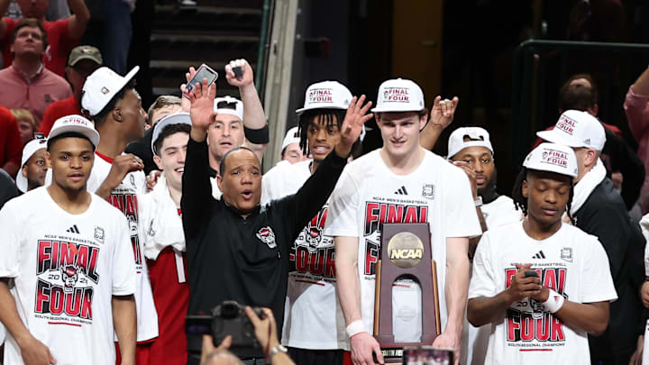 Mar 31, 2024; Dallas, TX, USA; North Carolina State Wolfpack head coach Kevin Keatts and forward Ben
