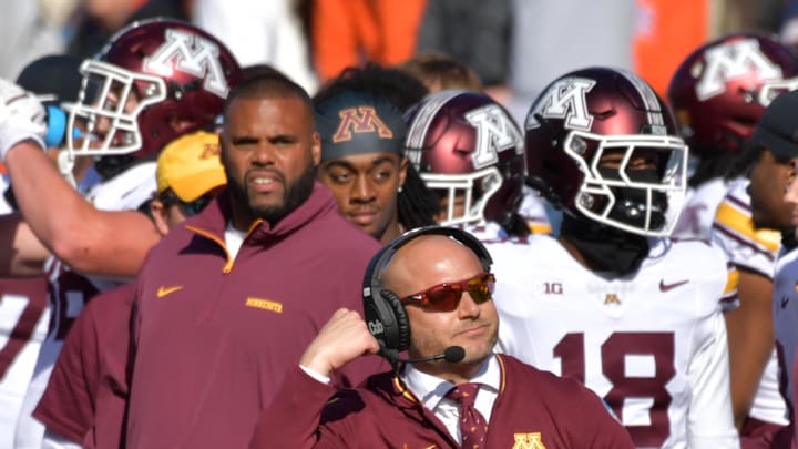 Minnesota coach P.J. Fleck during the second half against Illinois at Memorial Stadium in Champaign, Ill., on Nov. 2, 2024. Minnesota coach P.J. Fleck during the second half against Illinois at Memorial Stadium in Champaign, Ill., on Nov. 2, 2024.