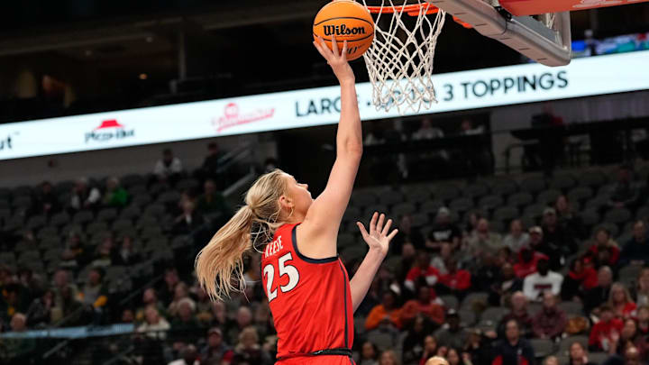 Dec 18, 2022; Dallas, Texas, USA; Arizona Wildcats forward Cate Reese (25) scores a basket against the Baylor Lady Bears during the second half at American Airlines Center. Mandatory Credit: Chris Jones-Imagn Images