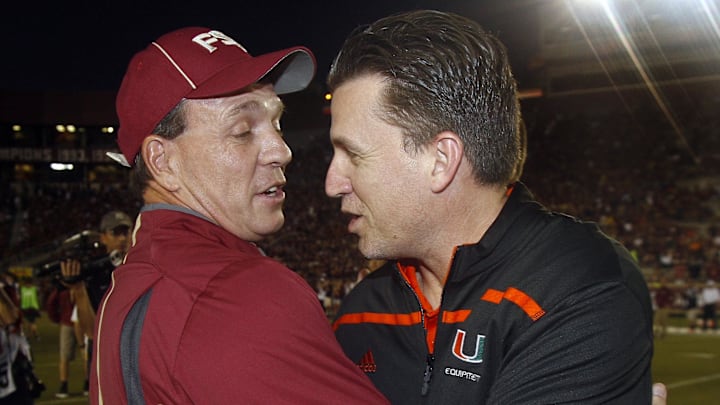 Oct 10, 2015; Tallahassee, FL, USA; Florida State Seminoles head coach Jimbo Fisher hugs Miami