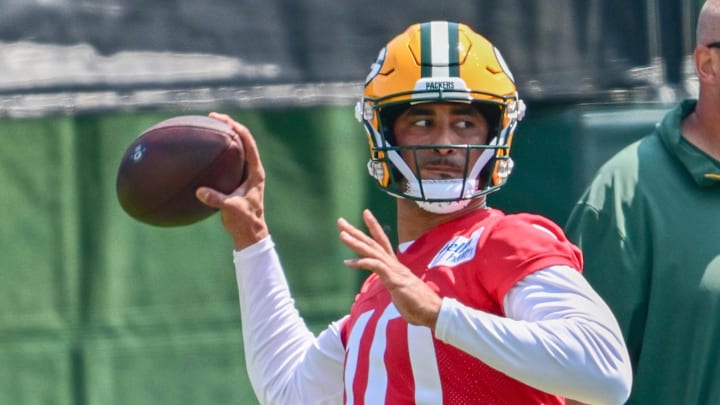Green Bay Packers quarterback Jordan Love (10) throws a pass at minicamp on Wednesday.