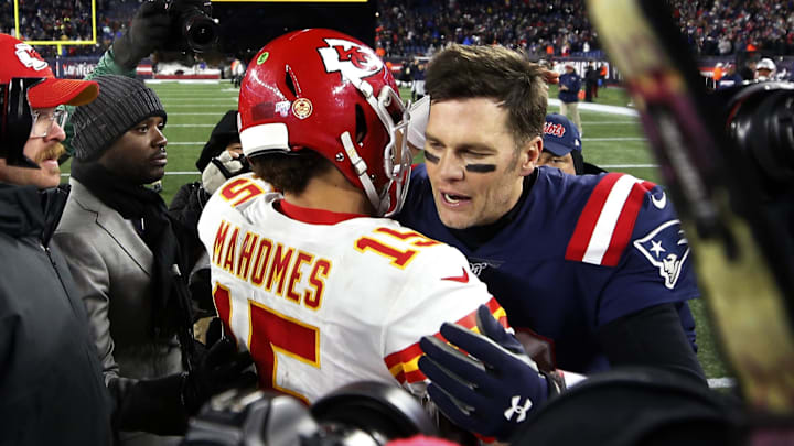 Dec 8, 2019; Foxborough, MA, USA; New England Patriots quarterback Tom Brady (12) congratulates Kansas City Chiefs quarterback Patrick Mahomes (15) after their game at Gillette Stadium. Mandatory Credit: Winslow Townson-Imagn Images Dec 8, 2019; Foxborough, MA, USA; New England Patriots quarterback Tom Brady (12) congratulates Kansas City Chiefs quarterback Patrick Mahomes (15) after their game at Gillette Stadium. Mandatory Credit: Winslow Townson-Imagn Images