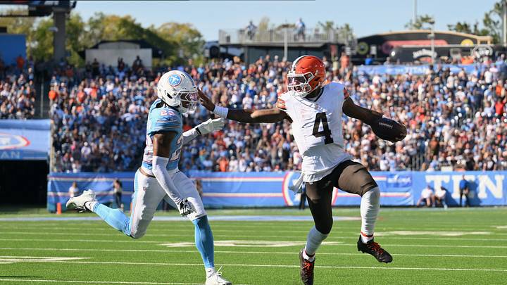 Oct 25, 2026; Nashville, Tennessee, USA; Cleveland Browns quarterback Deshaun Watson (4) runs for a nine-yard touchdown against Tennessee Titans safety Kevin Winston Jr. (23) during the fourth quarter at Nissan Stadium. Mandatory Credit: Steve Roberts-Imagn Images Oct 25, 2026; Nashville, Tennessee, USA; Cleveland Browns quarterback Deshaun Watson (4) runs for a nine-yard touchdown against Tennessee Titans safety Kevin Winston Jr. (23) during the fourth quarter at Nissan Stadium. Mandatory Credit: Steve Roberts-Imagn Images