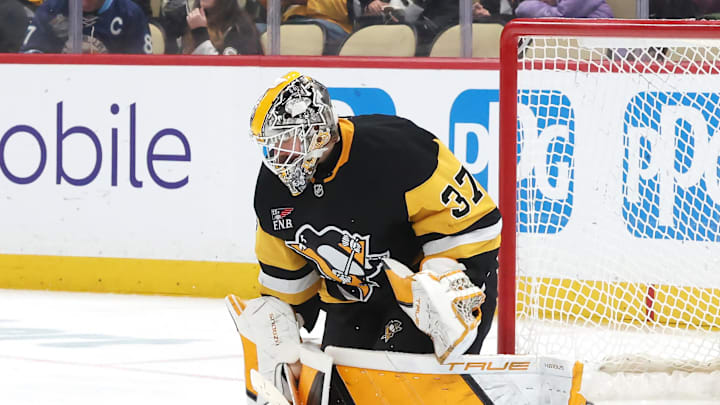 Dec 13, 2025; Pittsburgh, Pennsylvania, USA;  Pittsburgh Penguins goaltender Arturs Silovs (37) makes a save against the San Jose Sharks during the second period at PPG Paints Arena. Mandatory Credit: Charles LeClaire-Imagn Images