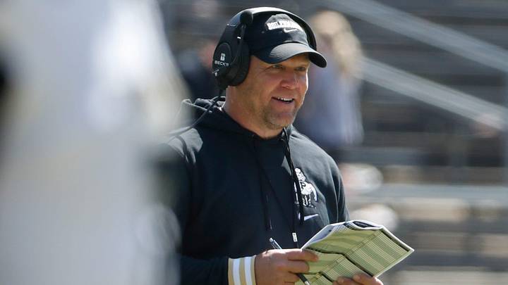 Purdue Boilermakers head coach Barry Odom smiles during a spring practice.