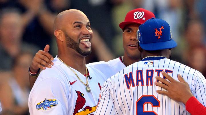 Jul 18, 2022; Los Angeles, CA, USA; St. Louis Cardinals first baseman Albert Pujols (5) and Washington Nationals right fielder Juan Soto (22) and New York Mets centerfielder Starling Marte (6) talk on field during the first round between Pujos and Kyle Schwarber (not pictured) during the 2022 Home Run Derby at Dodgers Stadium. Mandatory Credit: Jayne Kamin-Oncea-Imagn Images