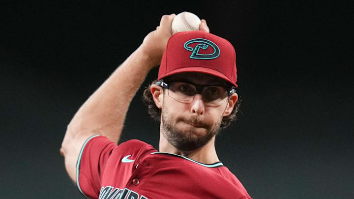 Arizona Diamondbacks right-hander Zac Gallen (23) warms up before pitching against the Houston Astros at Chase Field on July 21, 2025.