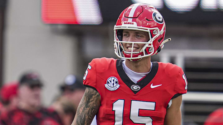 Georgia Bulldogs quarterback Carson Beck (15) shown on the field during pregame warmups before the game against the Auburn Tigers. Georgia Bulldogs quarterback Carson Beck (15) shown on the field during pregame warmups before the game against the Auburn Tigers.