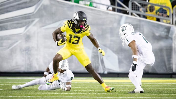 Oregon Ducks wide receiver Jurrion Dickey carries the ball as the Ducks host the Spartans Friday, Oct. 4, 2024 at Autzen Stadium in Eugene, Ore.