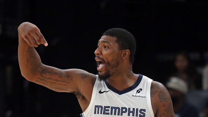 Oct 10, 2024; Memphis, Tennessee, USA; Memphis Grizzlies guard Marcus Smart (36) reacts during the first half against the Charlotte Hornets at FedExForum. Mandatory Credit: Petre Thomas-Imagn Images