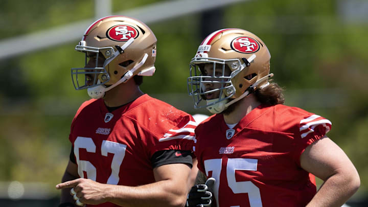 San Francisco 49ers offensive linemen Isaac Alarcon (67) and Connor Colby (75)